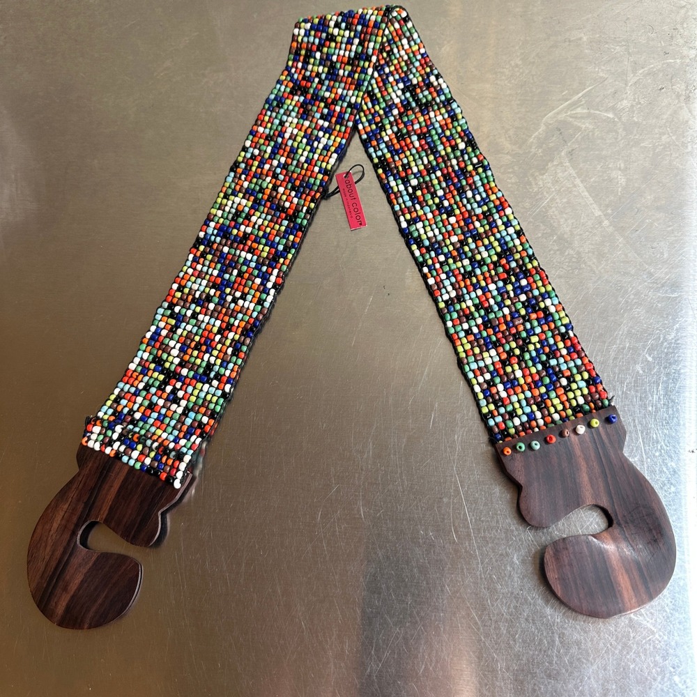 About Color Stretchy Beaded Belt Multi Color Seed Beaded‎ Wood Hook Closure 28"